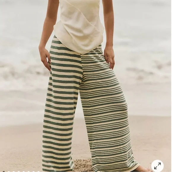 Free People Green and Cream Striped Wide Leg Pants - Picture 3 of 13